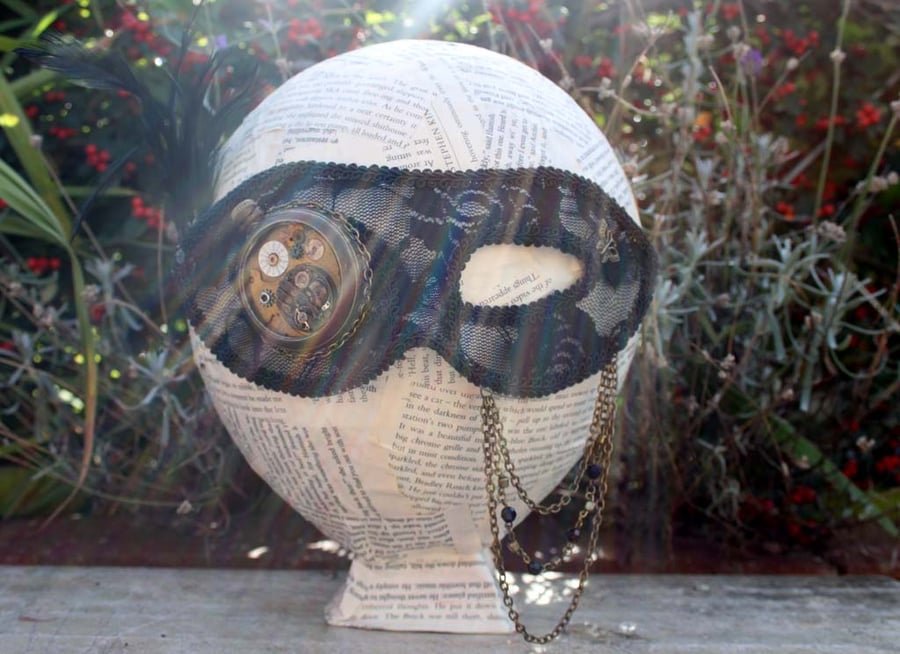 Steampunk Masquerade Mask with Black Lace and Antique Gold Chain