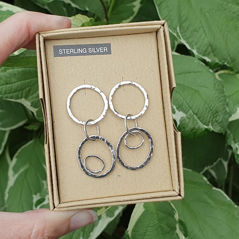 Dangle-Drop Hammered Circle & Oval Earrings (Sterling Silver) (C) (OOAK)