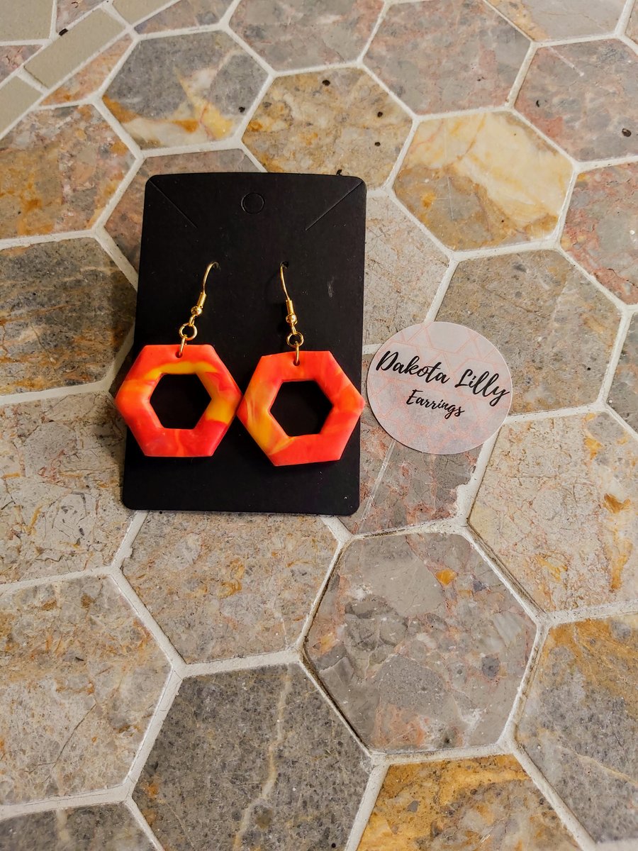 Orange and yellows, hexagon hook, polymer clay earrings