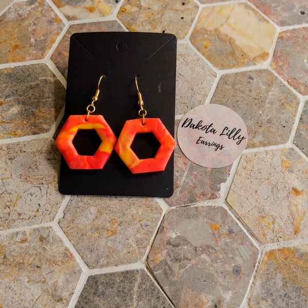 Orange and yellows, hexagon hook, polymer clay earrings