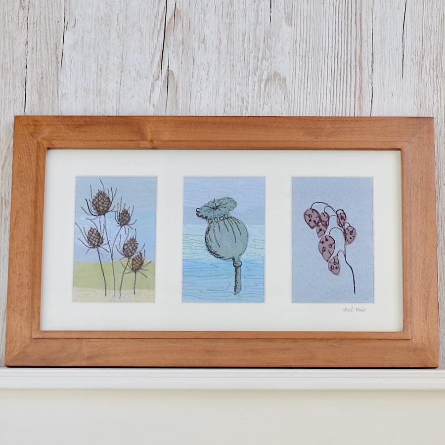 Flower Floral seeded embroidered fabric textile art - poppy, teasel and honesty