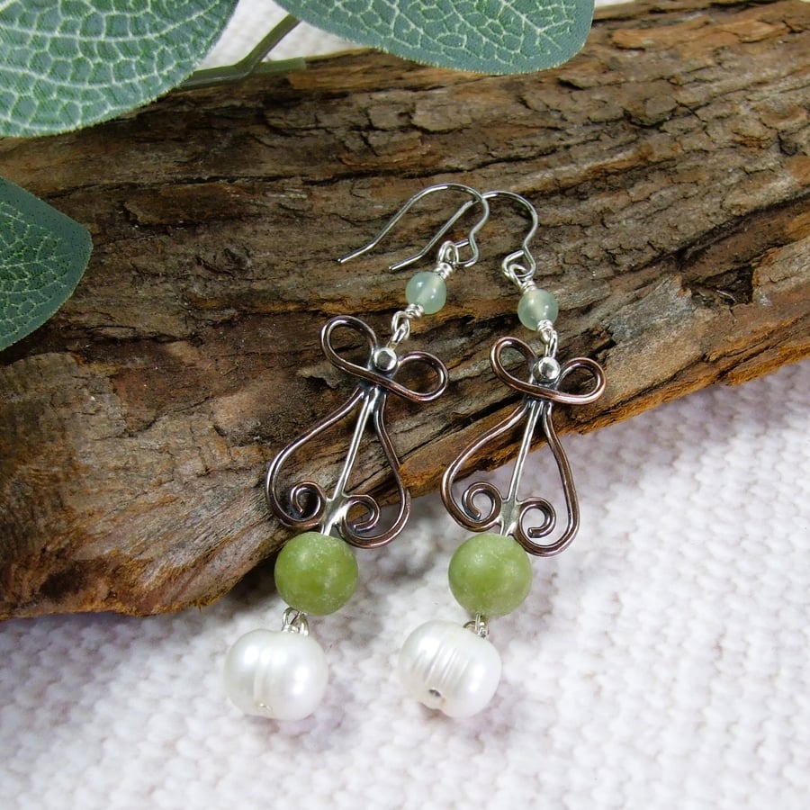 Earrings, Sterling Silver and Copper Filgree Droppers with Jade and Pearl