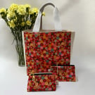 Red Patterned Japanese Fabric Tote Bag Coin Purse and Pouch
