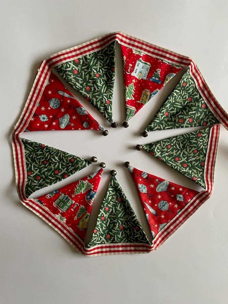 'Houses, baubles and berries' Liberty fabric mini bunting with jingle bells