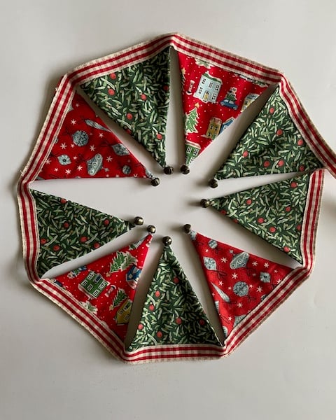 'Houses, baubles and berries' Liberty fabric mini bunting with jingle bells