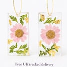 Purple Flower Resin Dangle Earrings with Gold Leaf Rectangle Hoops