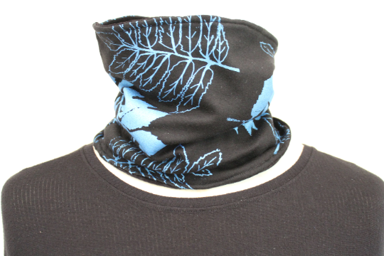 Handmade fleece lined Neck warmer,Hand print blue ash leaf, Black Snood scarf