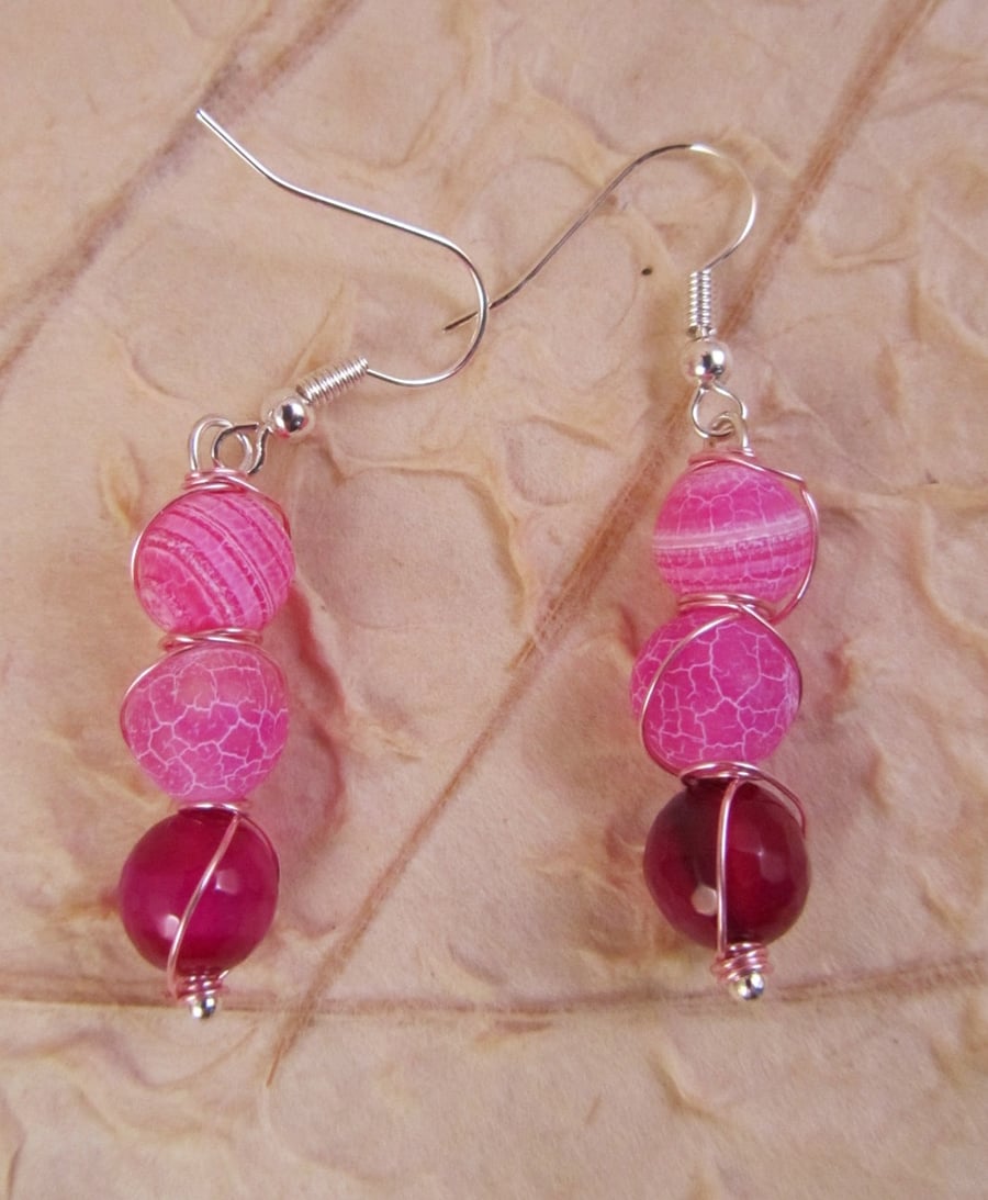 Bright Pink and Dark Pink Agate Wire Wrapped Drop Earrings