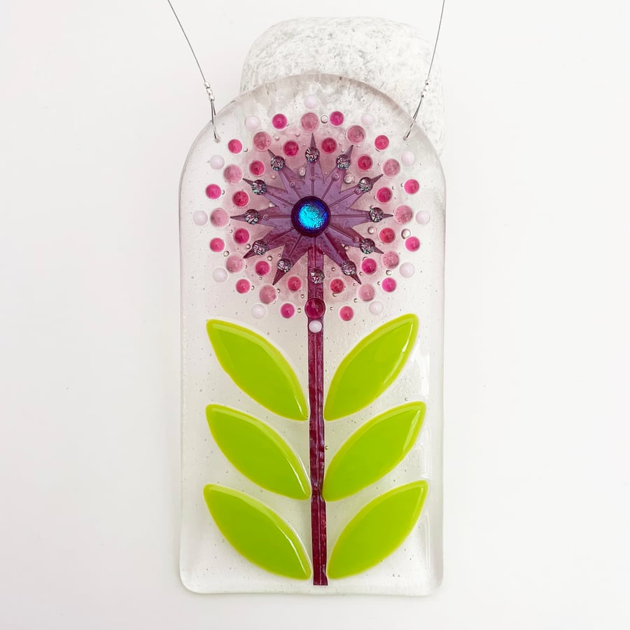 Pale Pink Fused Glass Retro Allium Hanging - Handmade Glass Suncatcher