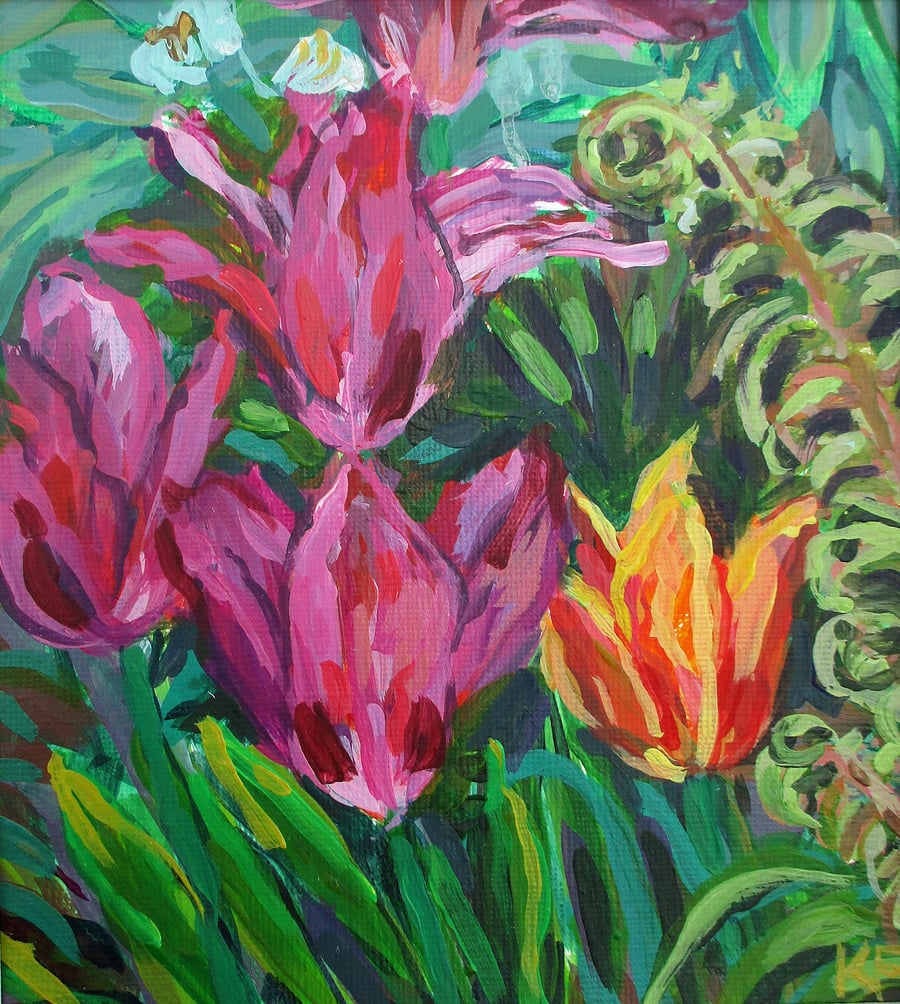 Spring Flowers Original Acrylic Painting on Paper Mounted 5.4 inch x 6.1 inch