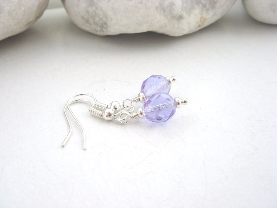 Purple Silver Earrings, Faceted Glass Dangle Earrings
