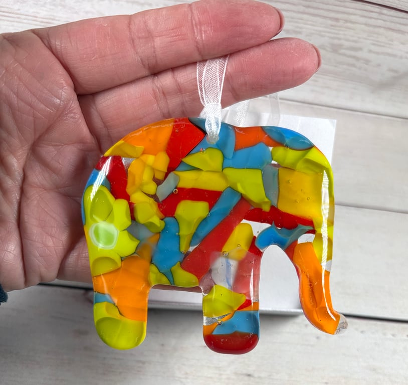 Fused glass vibrant elephant hanging 