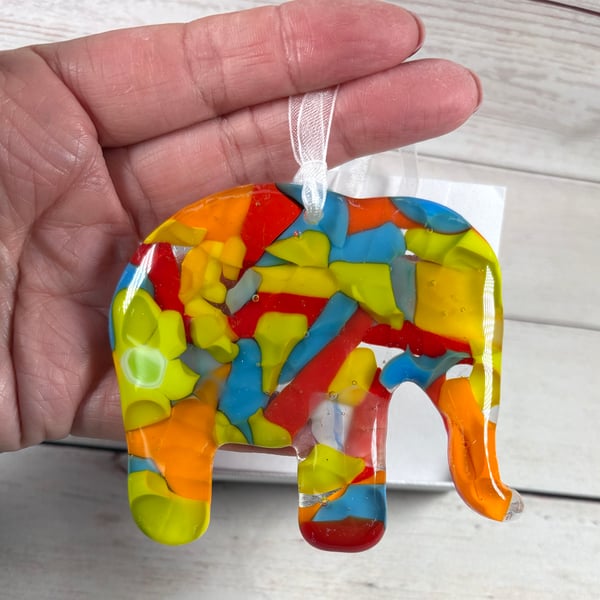 Fused glass vibrant elephant hanging 