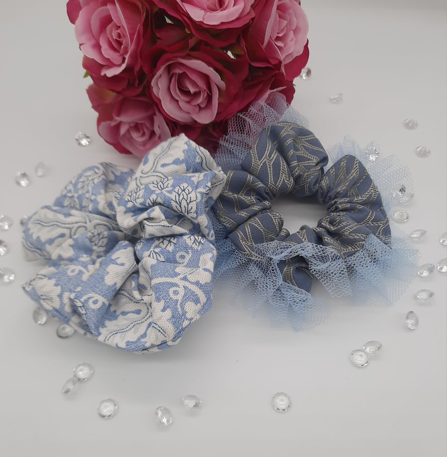 Blue theme scrunchies, set of 2, free UK delivery.  