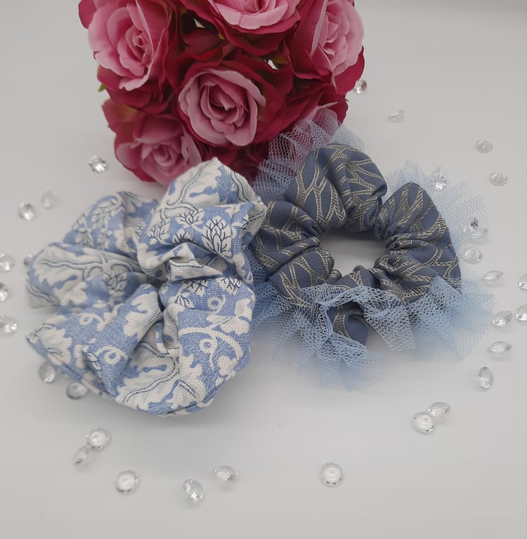 Blue theme scrunchies, set of 2, free UK delivery.  