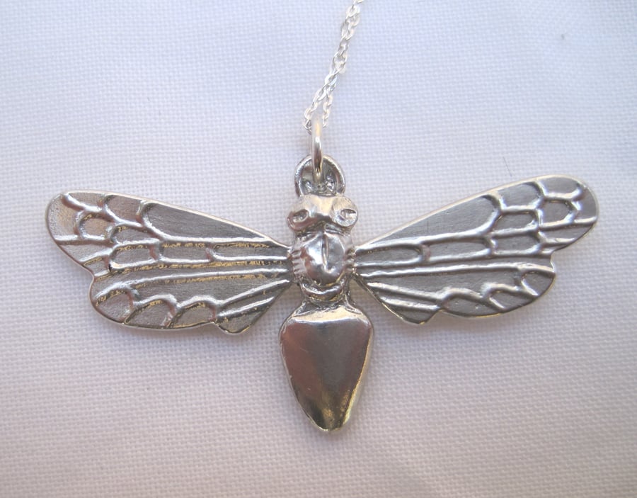 Large pewter bee pendant necklace with sterling silver chain