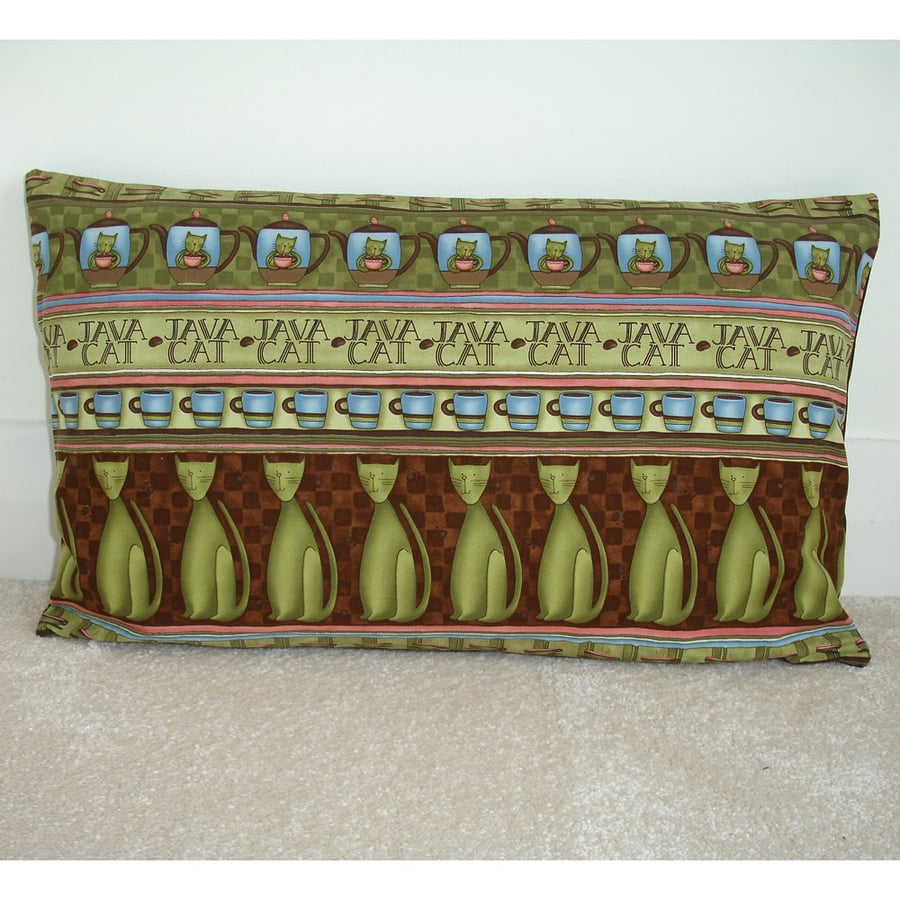 Cats and Coffee Cushion Cover 12x20 inch Oblong Bolster Green Brown