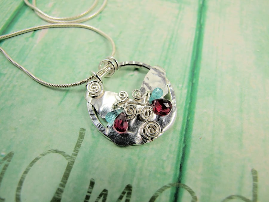 Necklace, Sterling Silver Butterfly with Garnet and Apatite Gemstones