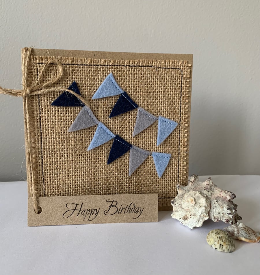 Birthday Card. Blue bunting. Wool Felt. Handmade Card.