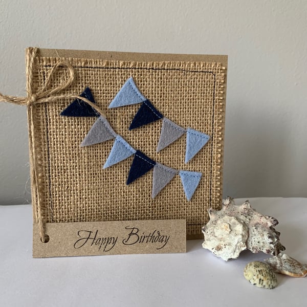 Birthday Card. Blue bunting. Wool Felt. Handmade Card.