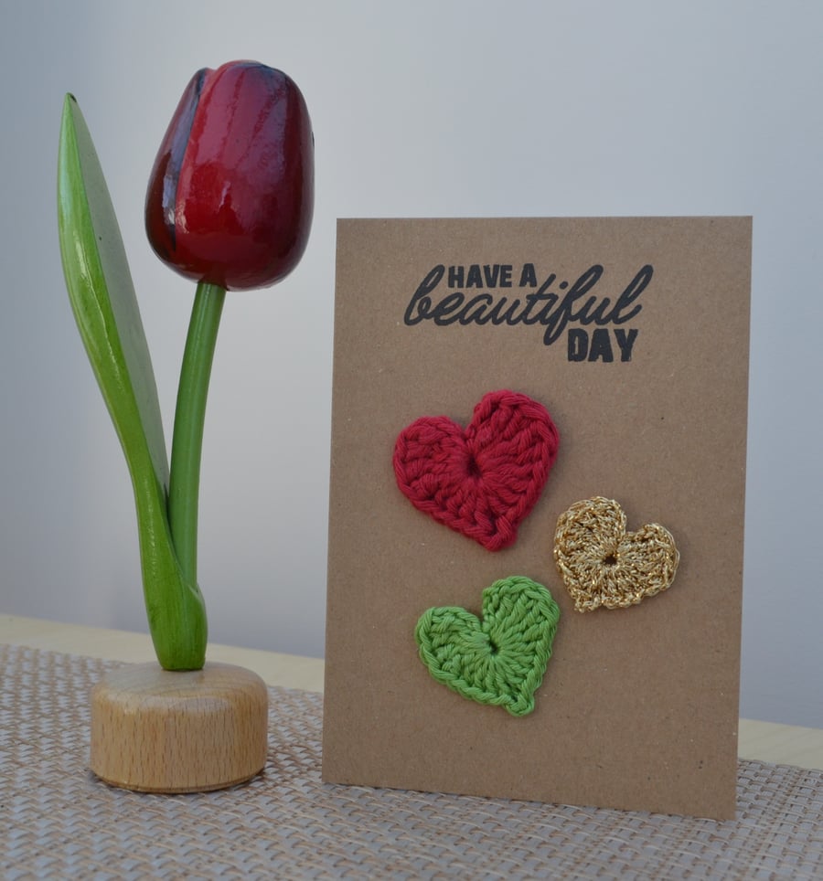 Greeting card with crochet hearts - No. 11