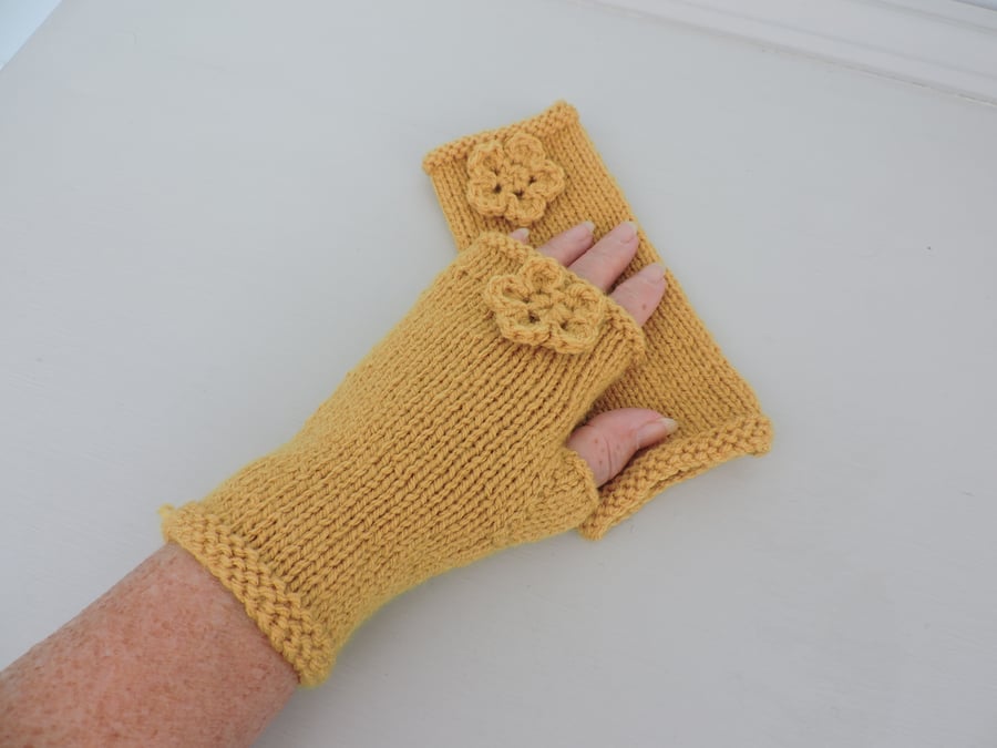 Knitted Fingerless Mitts with Flower Embellishment  Yellow