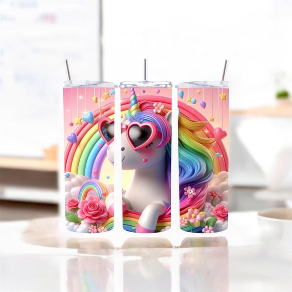 20oz Skinny Tumbler Cute Unicorn with Sunglasses Pastel Candy Rainbow Sublimatio