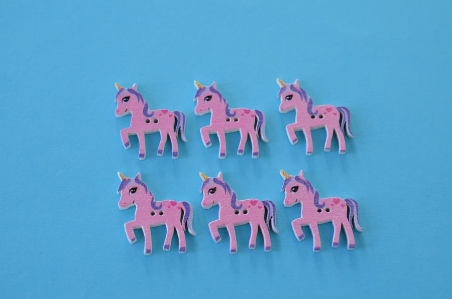 Wooden Pink & Purple Unicorn Buttons  6pk 20x25mm approx. (U7)