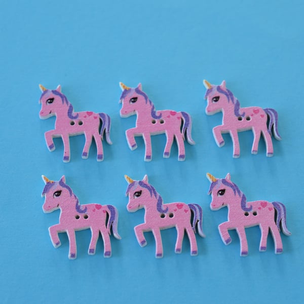 Wooden Pink & Purple Unicorn Buttons  6pk 20x25mm approx. (U7)