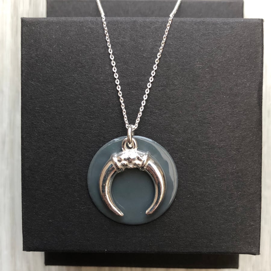 Grey Enamel Disc Sterling Silver Ox Horn necklace