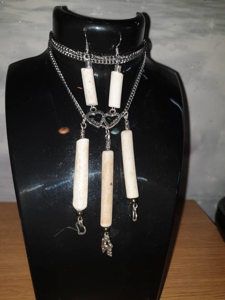 Pipe stem, heart charm necklace and earrings set