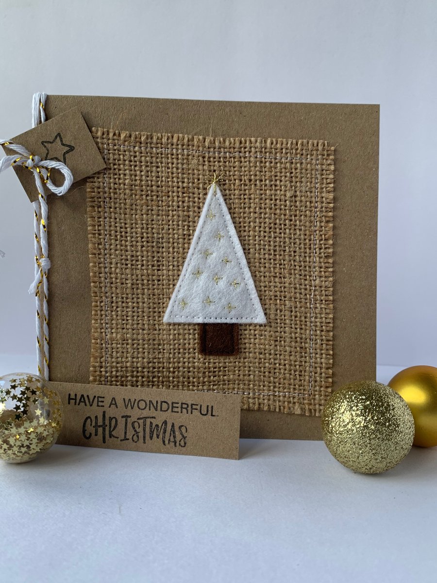 Handmade Christmas Card. Festive white tree with gold sparkle. 