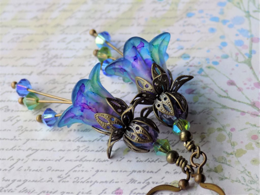 Blue Purple Green "Irises" Hand Painted Lucite Flower Earrings, Floral Boho 