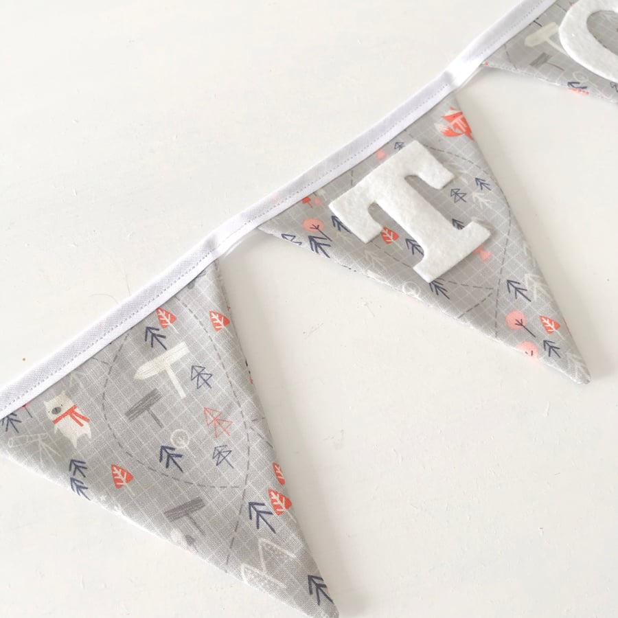 Woodland Themed Personalised Bunting with White Felt Lettering 