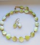 Green mother of pearl necklace and earrings set shell gold vintage retro