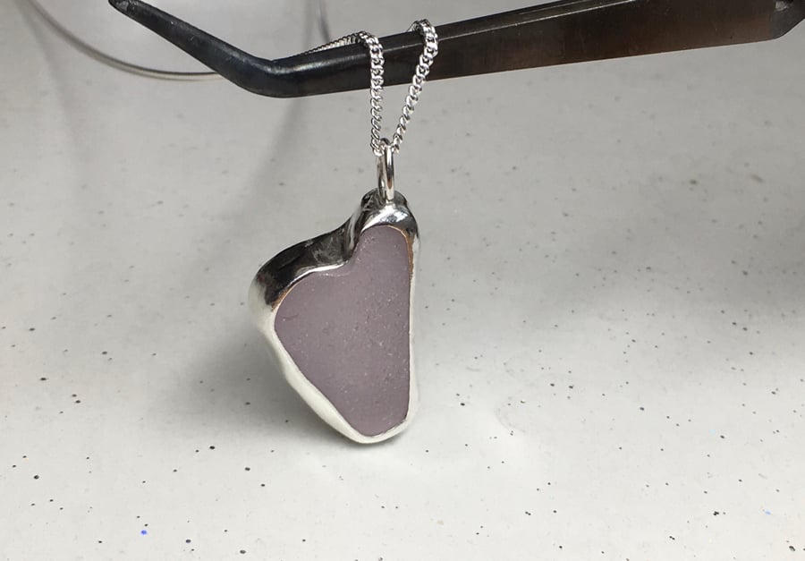 Welsh Handmade Lavender Heart Sea Glass & Silver Pendant & Necklace