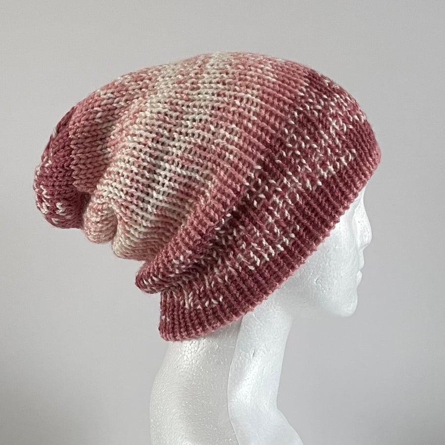Womens Pink Beanie Double Layered Reversible Slouchy Winter Hat FREE DELIVERY