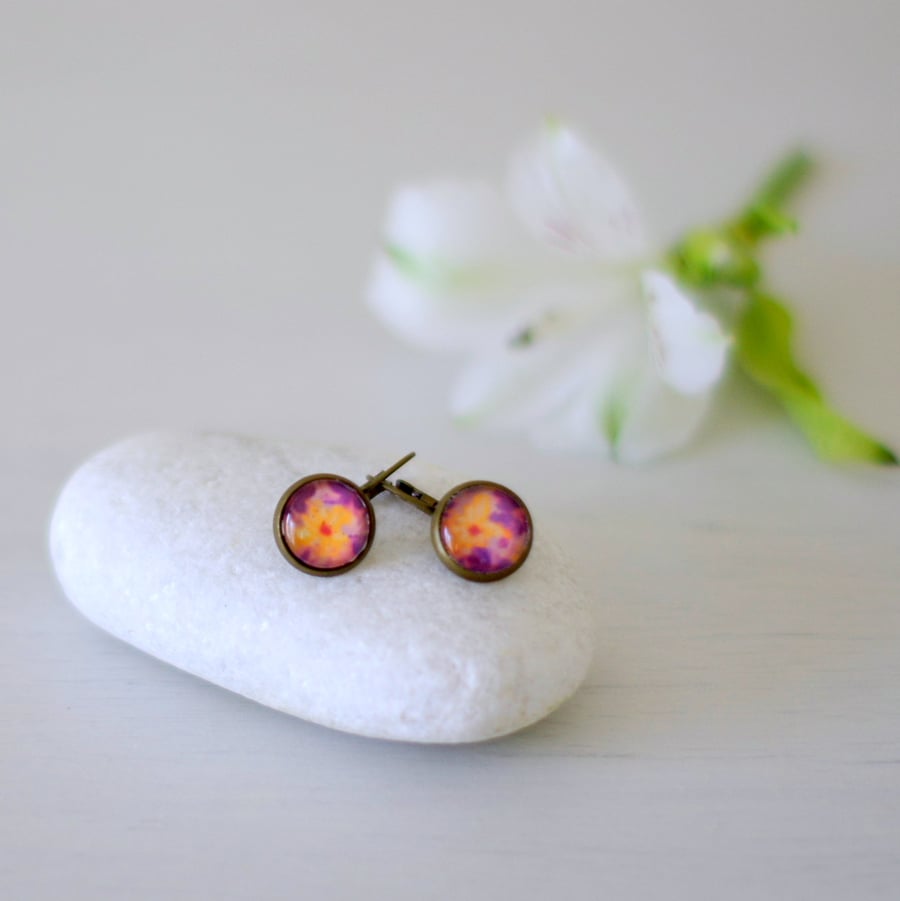 Purple and Yellow Earrings, Flower Bronze Earrings, Floral Art Earrings