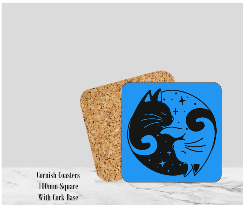 Blue Yin & Yang Cat Coaster 4" Square With Cork Base