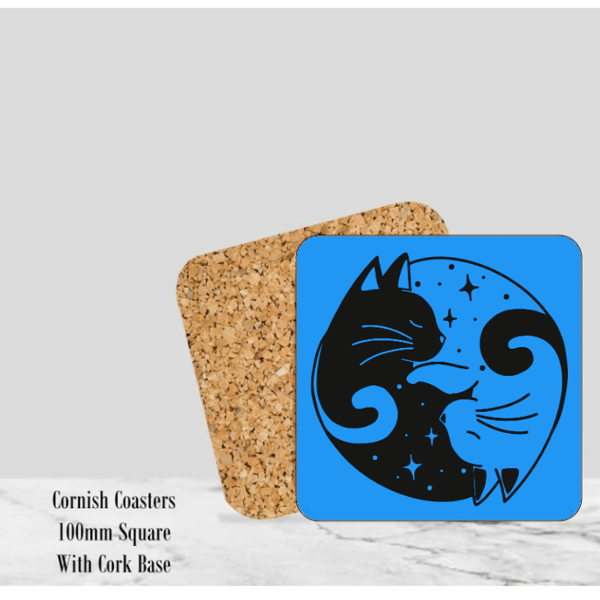 Blue Yin & Yang Cat Coaster 4" Square With Cork Base