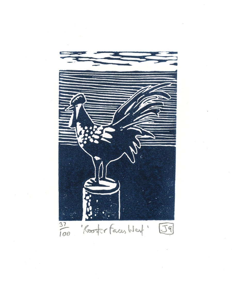 Rooster Faces West linocut print
