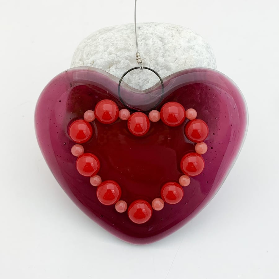 Fused Glass White and Burgundy Heart - Handmade Glass Decoration