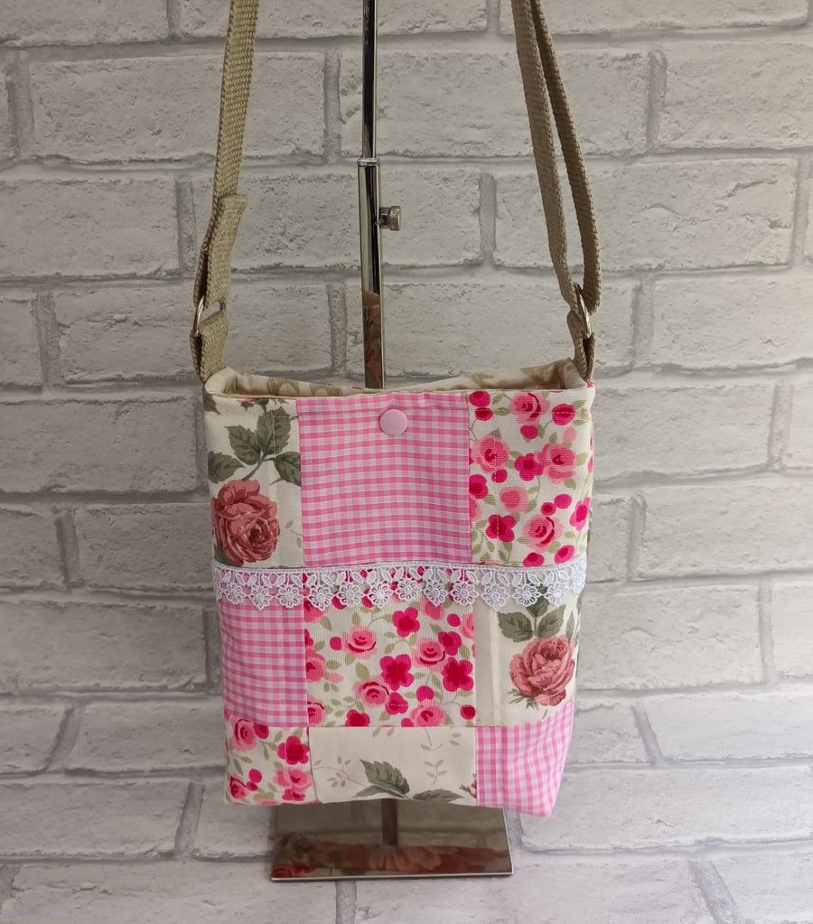 Scrappy patchwork crossbody bag, dog walking bag, patchwork, vintage rose fabric