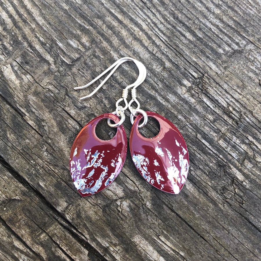 Dark red and silver leaf enamel scale earrings. Sterling silver. 