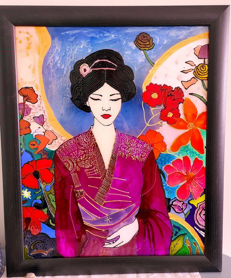 Japanese Wall Art Asian Decor - geisha with kimono surrounded by flowers glass p