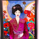 Japanese Wall Art Asian Decor - geisha with kimono surrounded by flowers glass p