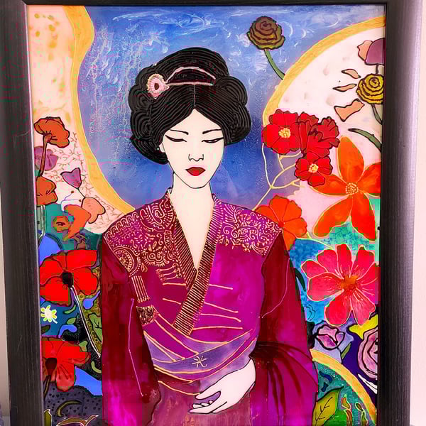 Japanese Wall Art Asian Decor - geisha with kimono surrounded by flowers glass p