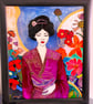 Japanese Wall Art Asian Decor - geisha with kimono surrounded by flowers glass p - Image 1