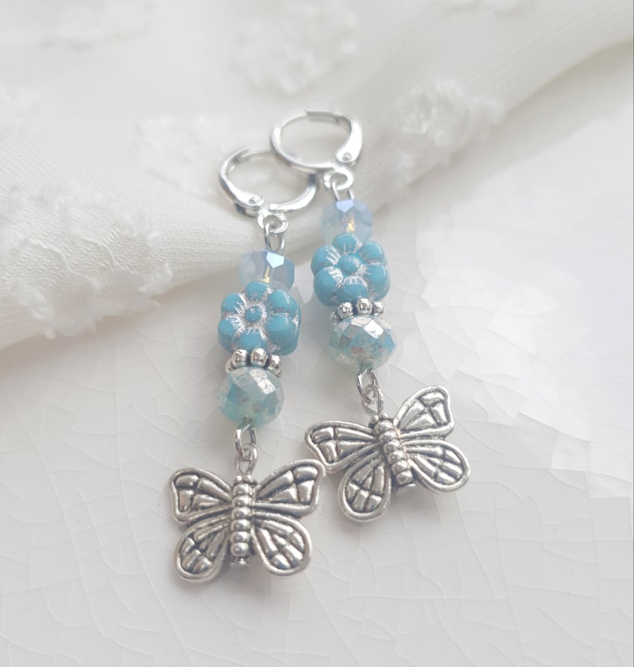 Mint & Silver Flower & Butterfly Czech Glass Sparkle Dangle Earrings