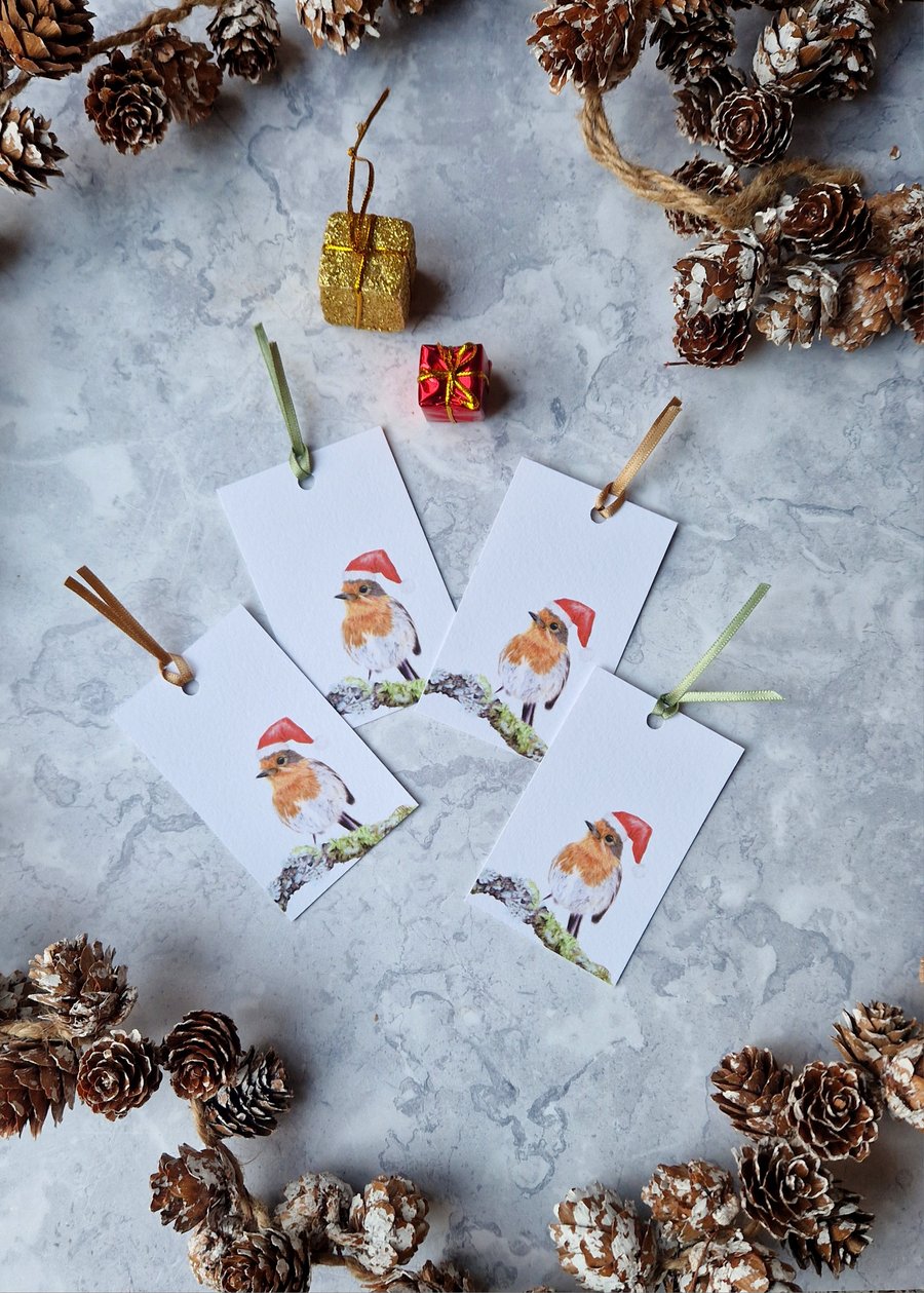 4 Christmas Robin Gift Tags